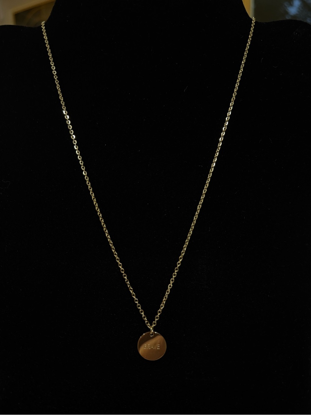 Gold Disc Pendant Engraved with BRAVE Necklace - Women Jewelry
